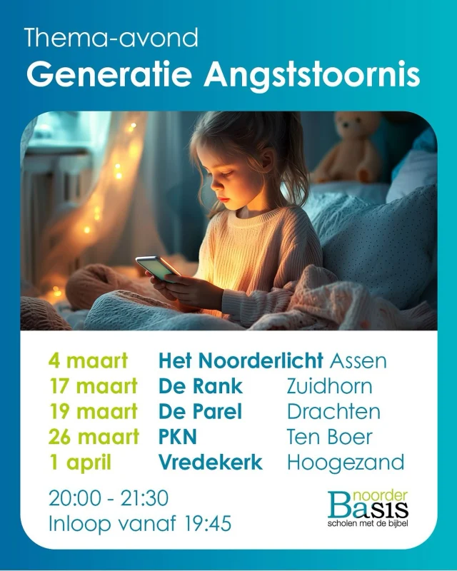 Wat social media en de smartphone met onze kinderen doen. NoorderBasis thema-avond Generatie Angststoornis. Wordt ook door Arnold Wienen meegenomen in dit actuele thema en aangezet om hier vooral samen mee aan de slag te gaan.In maart en april wordt deze thema-avond op de volgende locaties georganiseerd:4 maart Assen, locatie: Het Noorderlicht, Scharmbarg 3717 maart, Zuidhorn, locatie: De Rank, Westergast 819 maart Drachten, locatie: Basisschool De Parel, Langewyk 27526 maart Ten Boer, locatie: PKN, Wigboldstraat 31 april Hoogezand, locatie, Vredekerk Van der Duyn van Maasdamweg 216-218 De avonden beginnen om 20 uur, inloop vanaf 19.45 uur.Iedereen is welkom: dus ouders die betrokken zijn bij onze scholen of de kerken waar de avond plaats vindt. Maar ook zéker mensen die (nog) niet betrokken zijn. Nodig ze gerust uit. #beijum #lewenborg #hunze #050 #meerstad #zuidwolde #tenboer #ouderavond